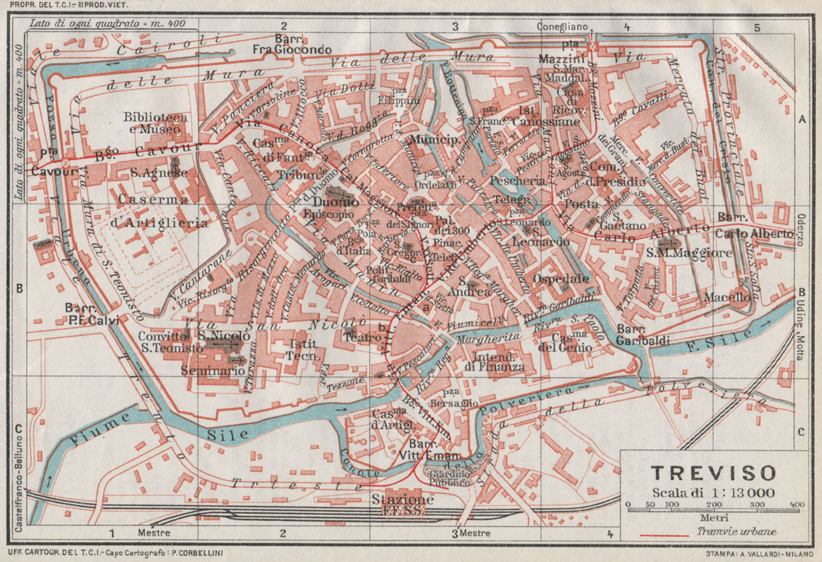 TREVISO. Vintage town city map plan. Italy 1924 old antique chart